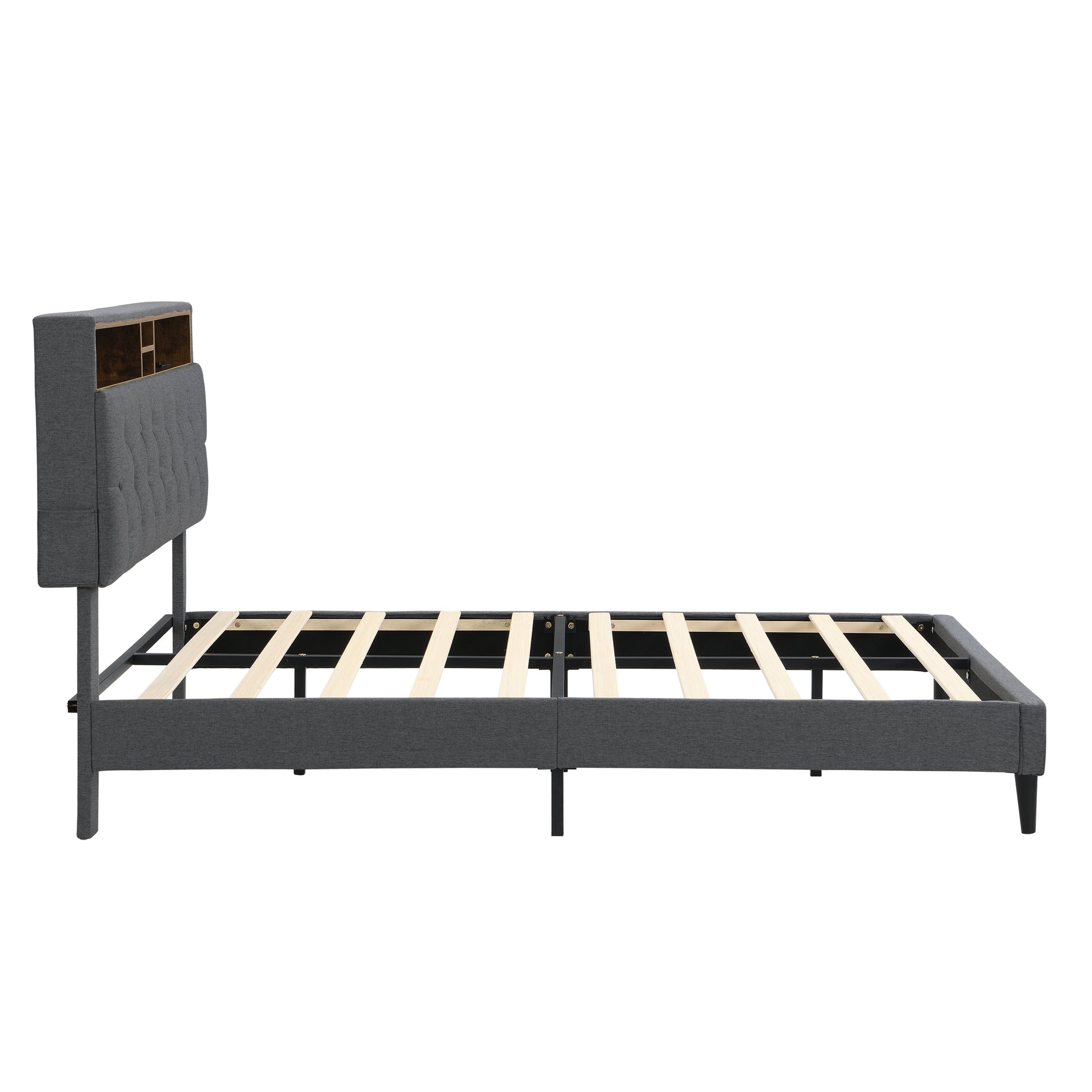 Modern Upholstered King-Size Platform Bed Frame with Button-Tufted Linen Headboard and USB Ports, Dark Grey
