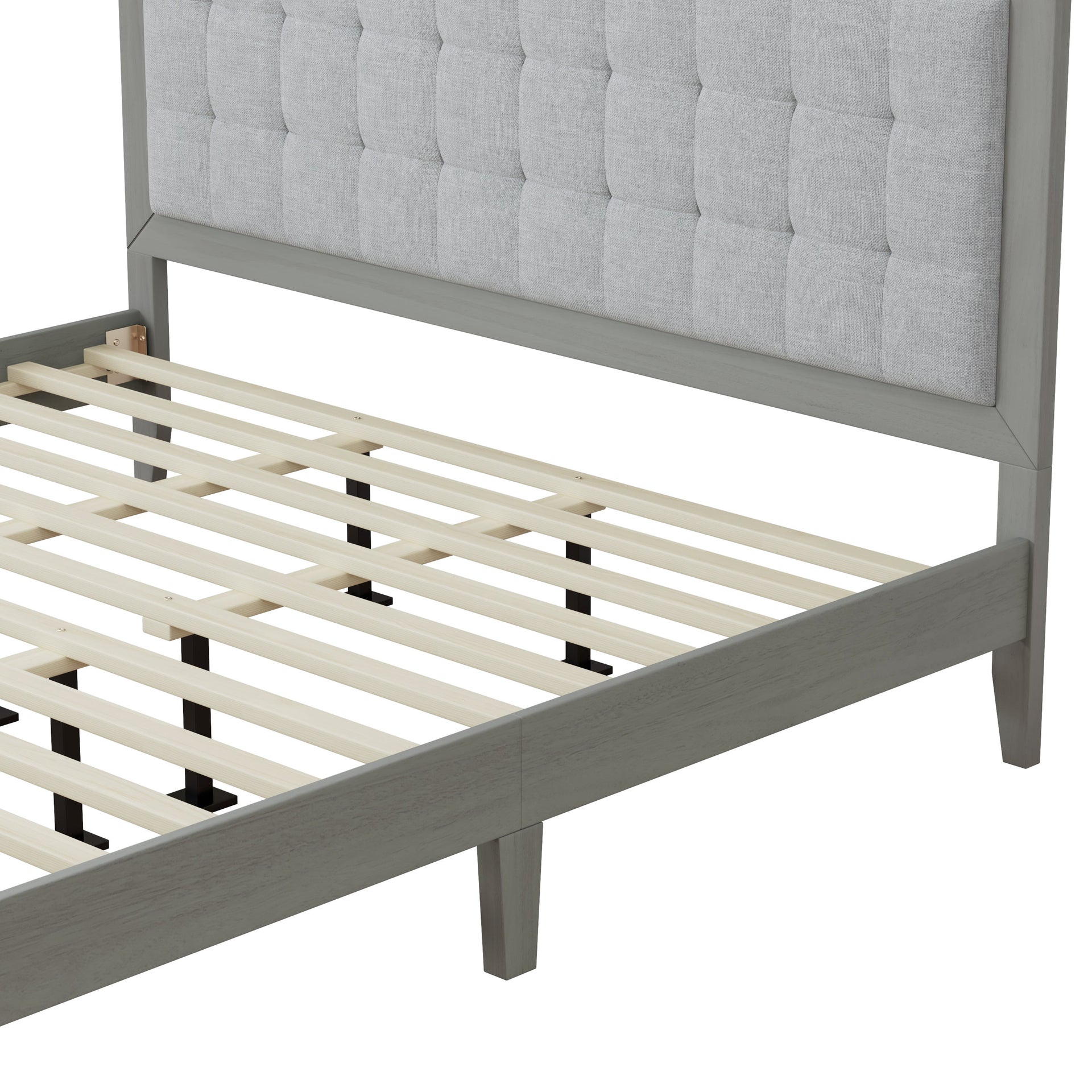 Mid-Century Solid Wood Platform Bed with Upholstered Headboard in Grey Fabric, King Size