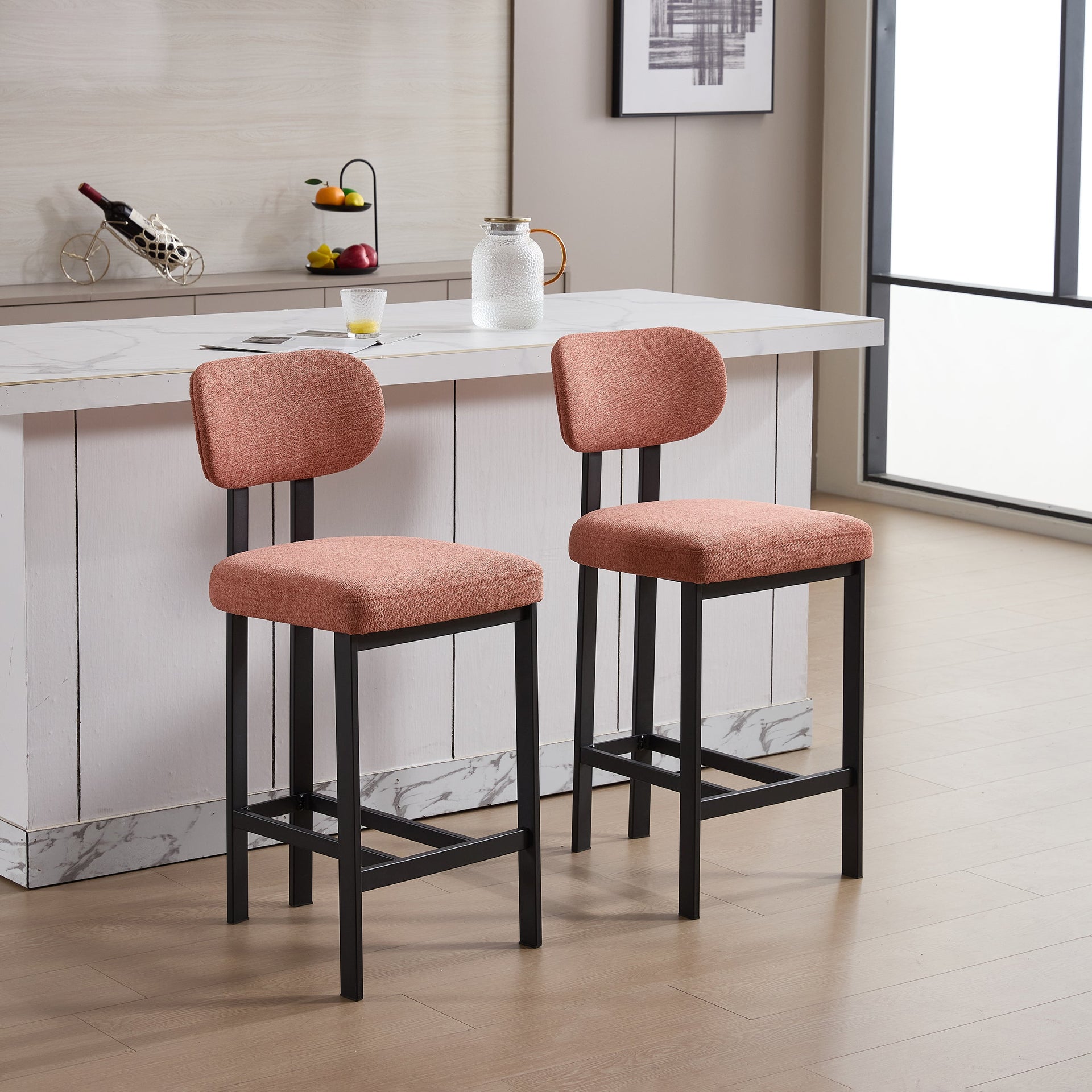 Bar Stools Set of 2, 26 inch Modern Upholstered Fabric Counter Height Barstools, Kitchen Island Chairs with Black Metal Legs for Dining Room/Kitchen Island/Bar