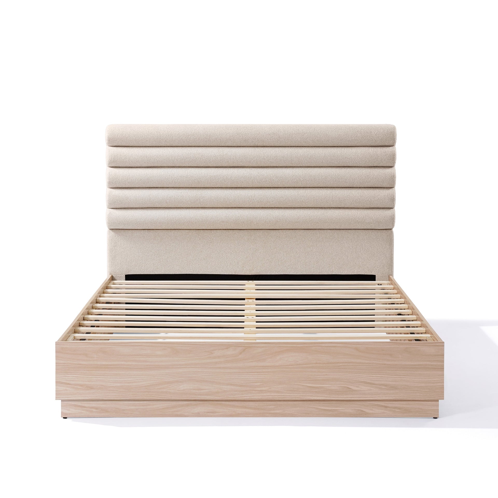 Queen Wood Bed Frame with Boucle Fabric Upholstered Headboard
