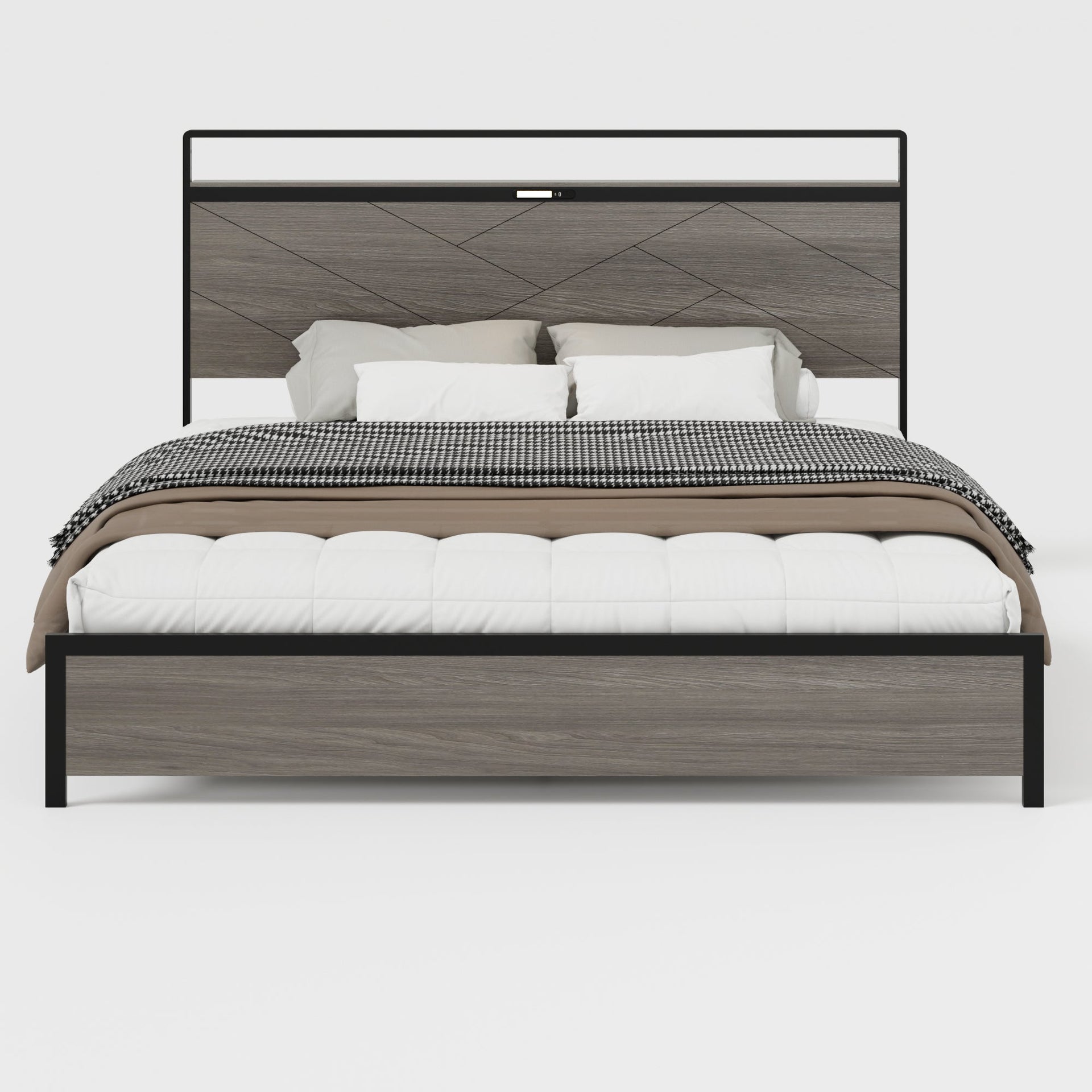 Bed frame king size, wooden platform bed frame with storage LED light headboard and 2 USB, no noise, no spring mattress required and simple assembly tools, large underbed storage, Antique Grey