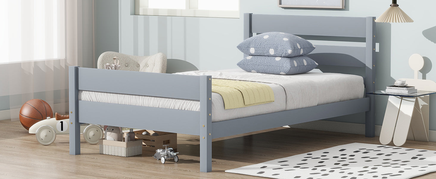Twin Bed with Headboard and Footboard,Rubber Wood Bed,Grey