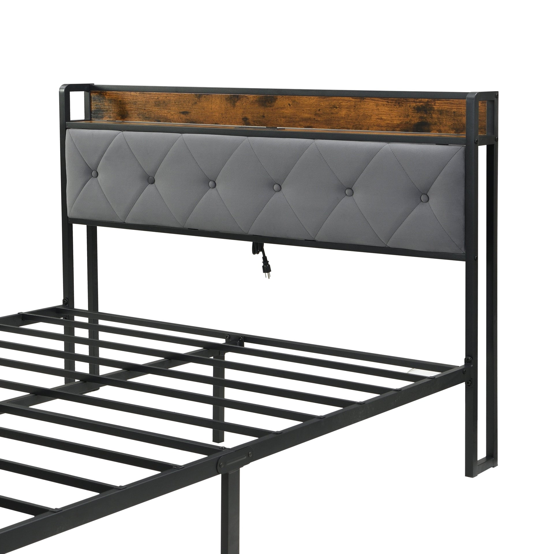 Modern Full Bed Frame with LED Lights, Upholstered Headboard, Storage Drawers, USB Charging, Grey MDF & Iron