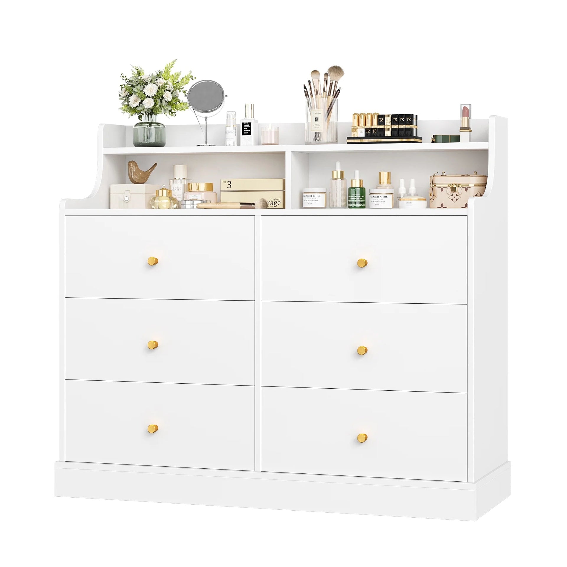 6 Drawer Double White Dresser with Hutch, Modern Wood Dresser Storage Cabinet for Bedroom Living Room