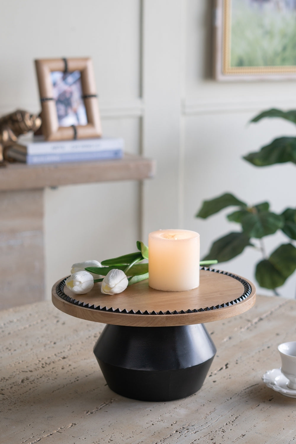 12x12x6' Round Wooden Pedestal Tray with Black Detailing and Sculptural Stand