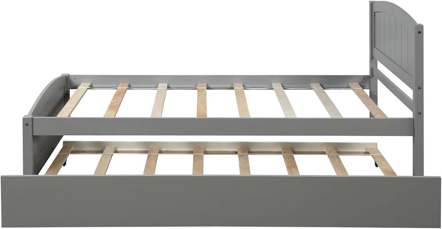 Twin Bed Frame, Wood Platform Bed with Trundle, Headboard, Footboard and Wood Slat Support, Grey