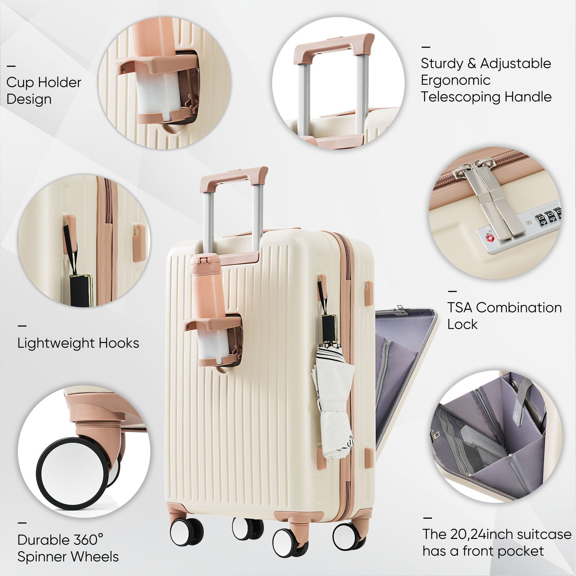 Luggage Set of 3, 20, 24, 28inch with USB Port, 20, 24inch with front opening design Airline Certified Carry on Luggage with Cup Holder, ABS Hard Shell Luggage with Spinner Wheels, ivory and gloden