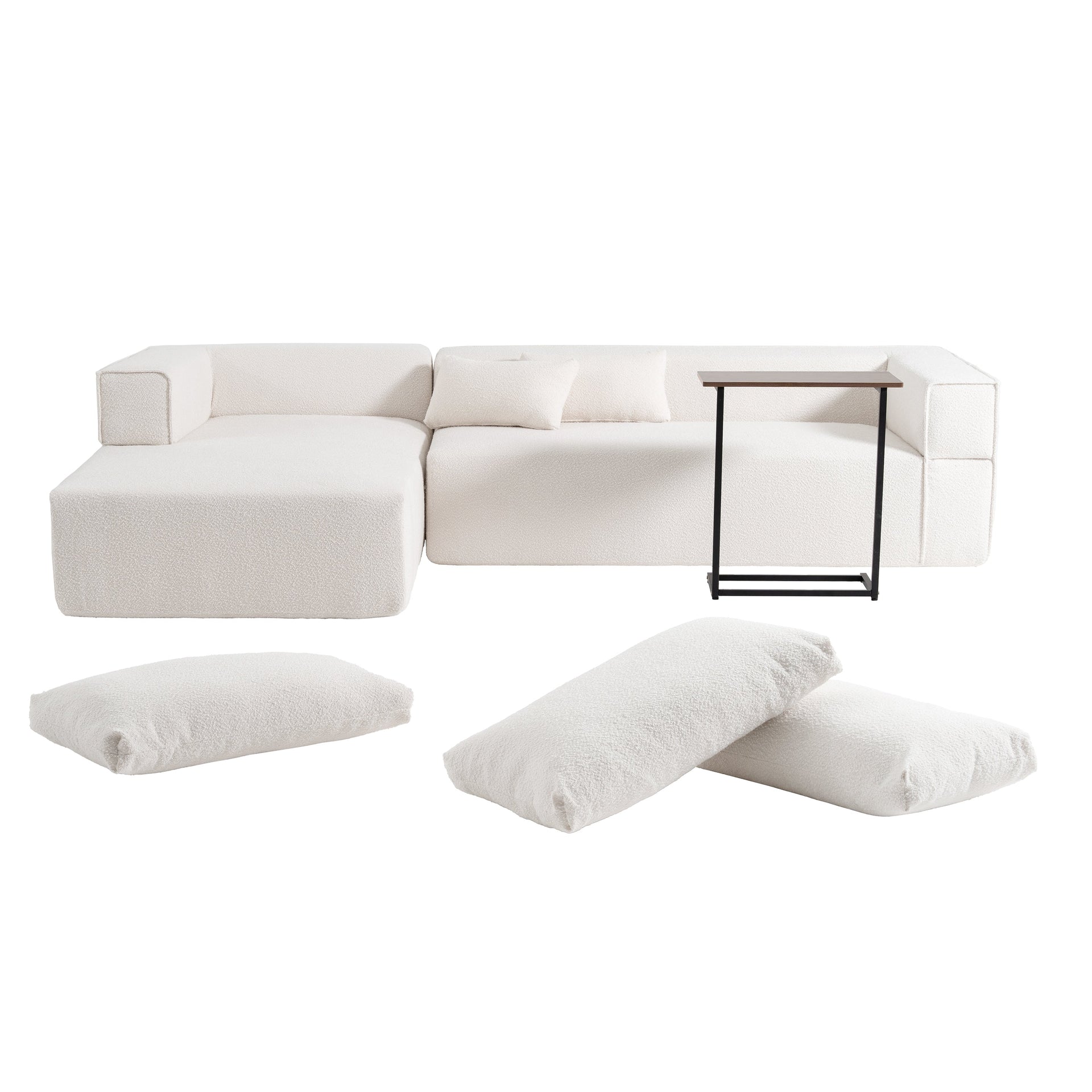 112'Modular Sectional Sofa with Free Side Table,Wide Seat,Fully Compressed,Wrinkle-resistant Boucle Fabric Couch with Chaise,Free Combination,L-Shaped Sofa for Living Room,No Assembly Required,3 Color
