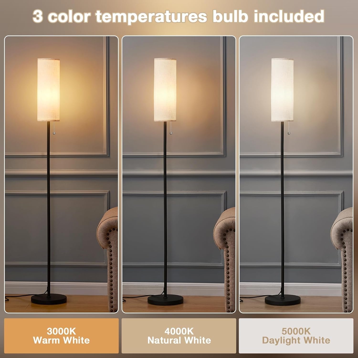 64'' Floor Lamp for Living Room with Bulb - Tall Lamps with Beige Lampshade & Pull Chain Switch, Pole Lamps for Bedrooms Tall, Minimalist Floor Lamp