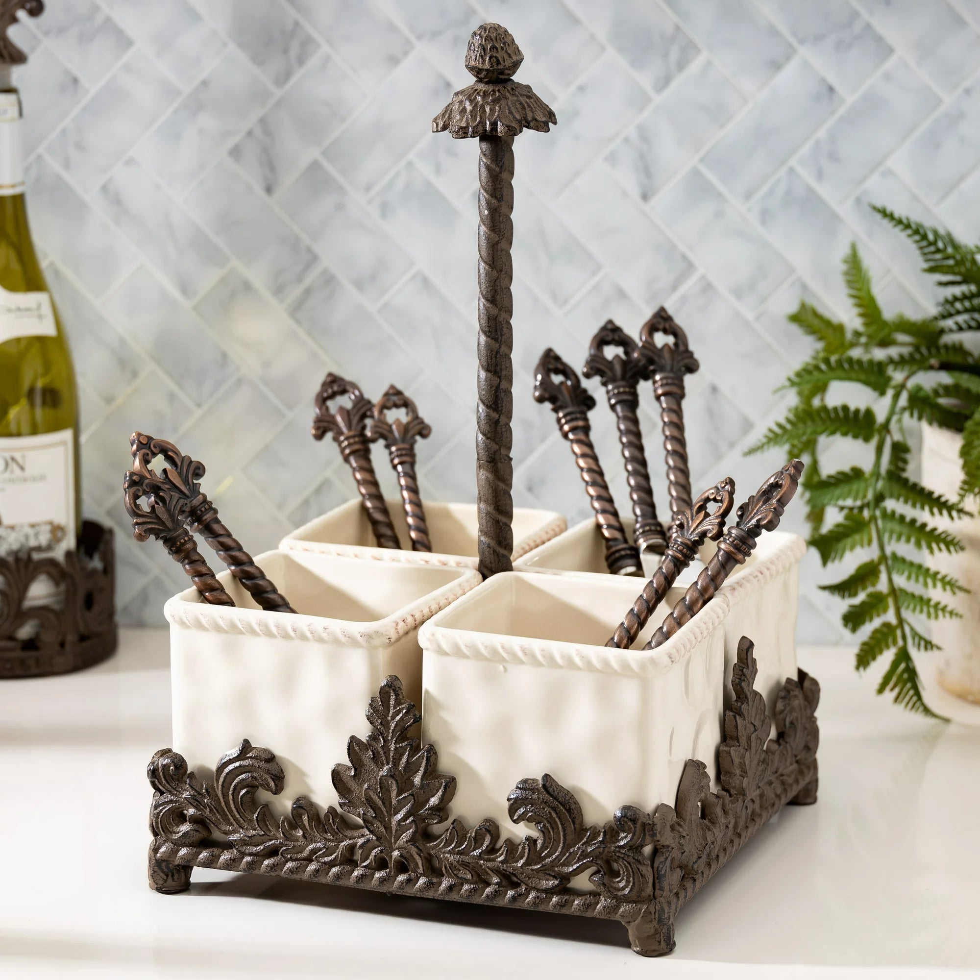 Acanthus Stoneware Flatware Caddy, Set of 4 with Base