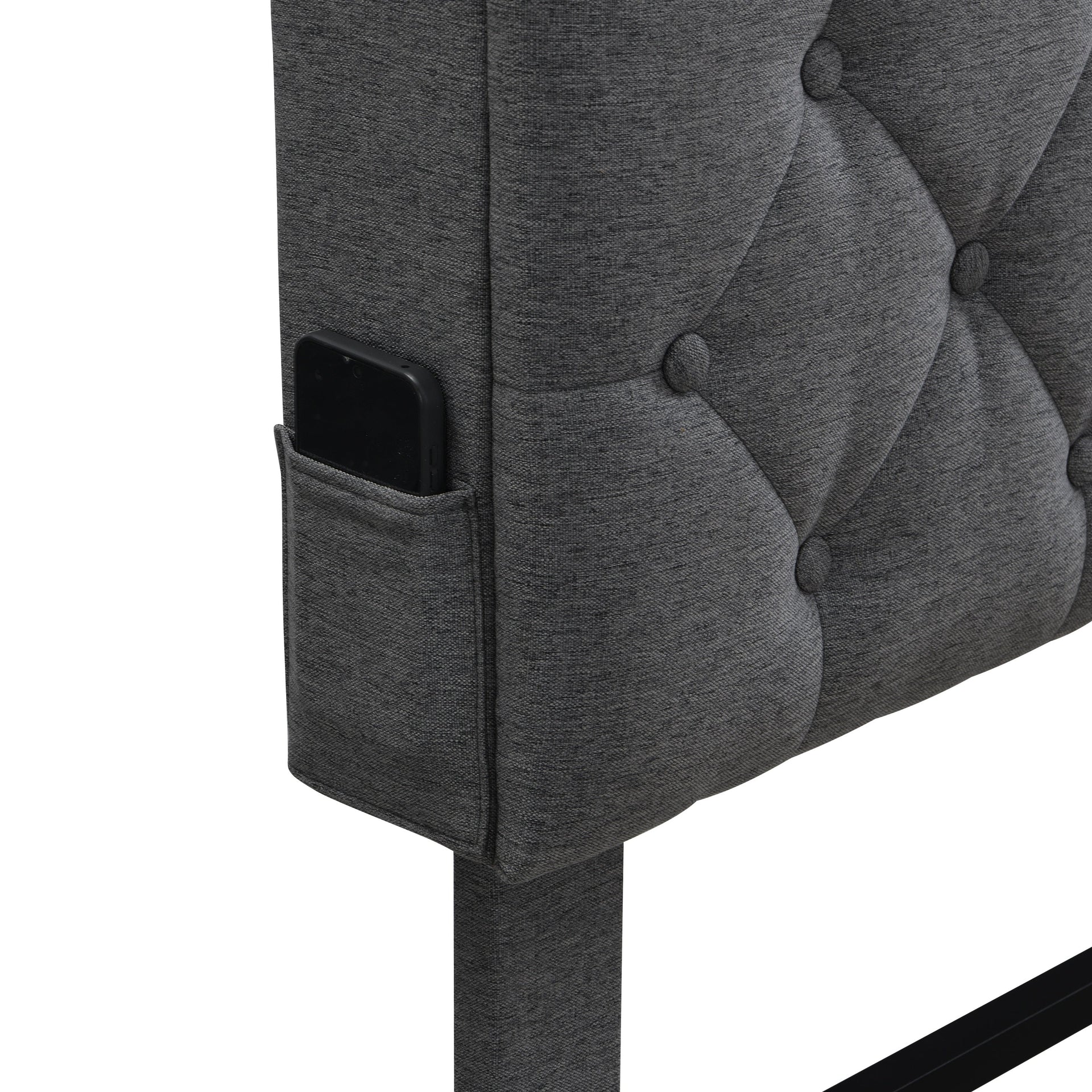 Modern Upholstered King-Size Platform Bed Frame with Button-Tufted Linen Headboard and USB Ports, Dark Grey