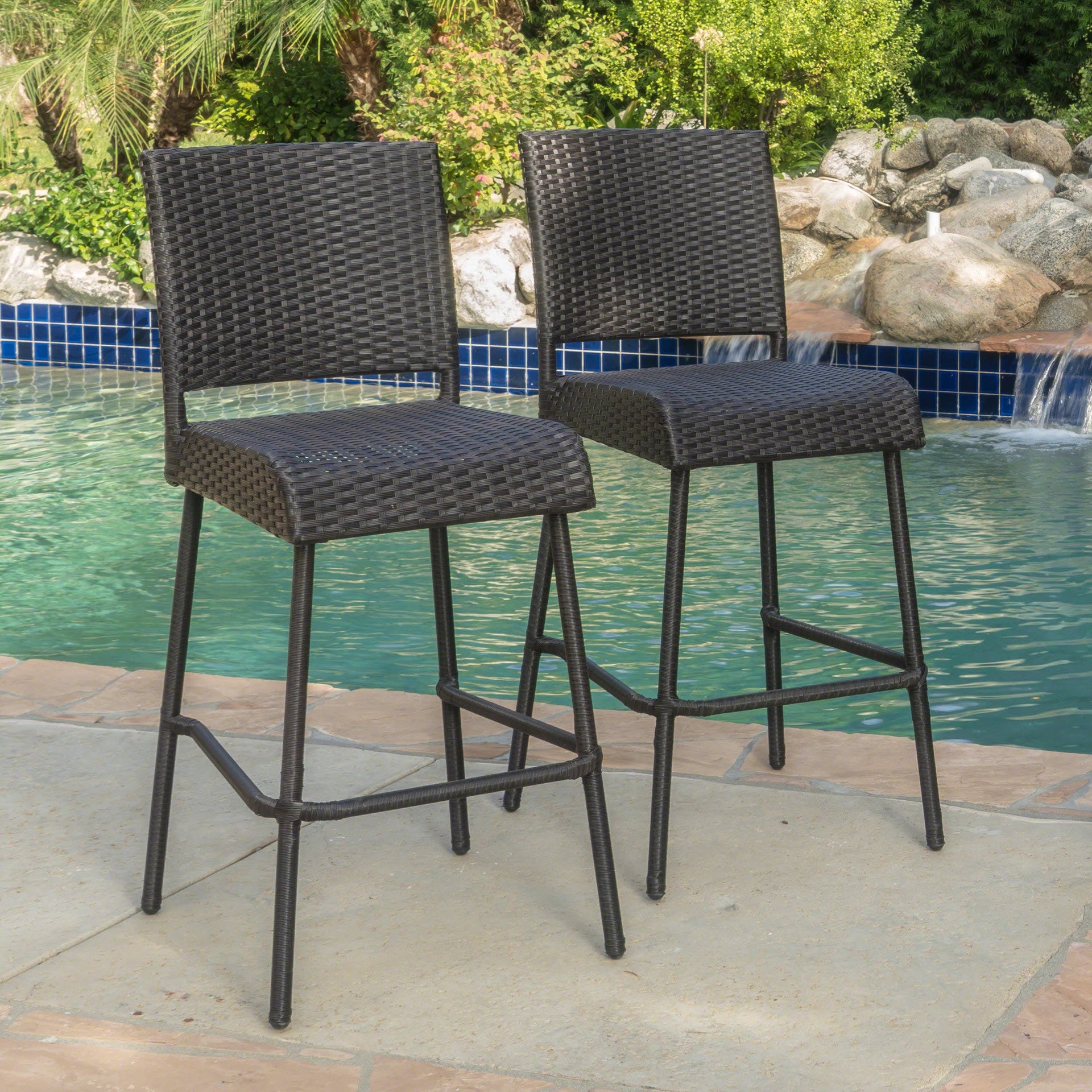 29' Outdoors PE Rattan Armless Barstools, Set of 2, Dark Brown