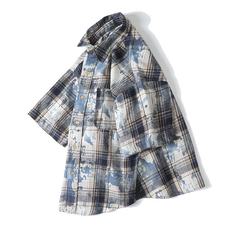 Tie dye printed plaid wide cut shirt