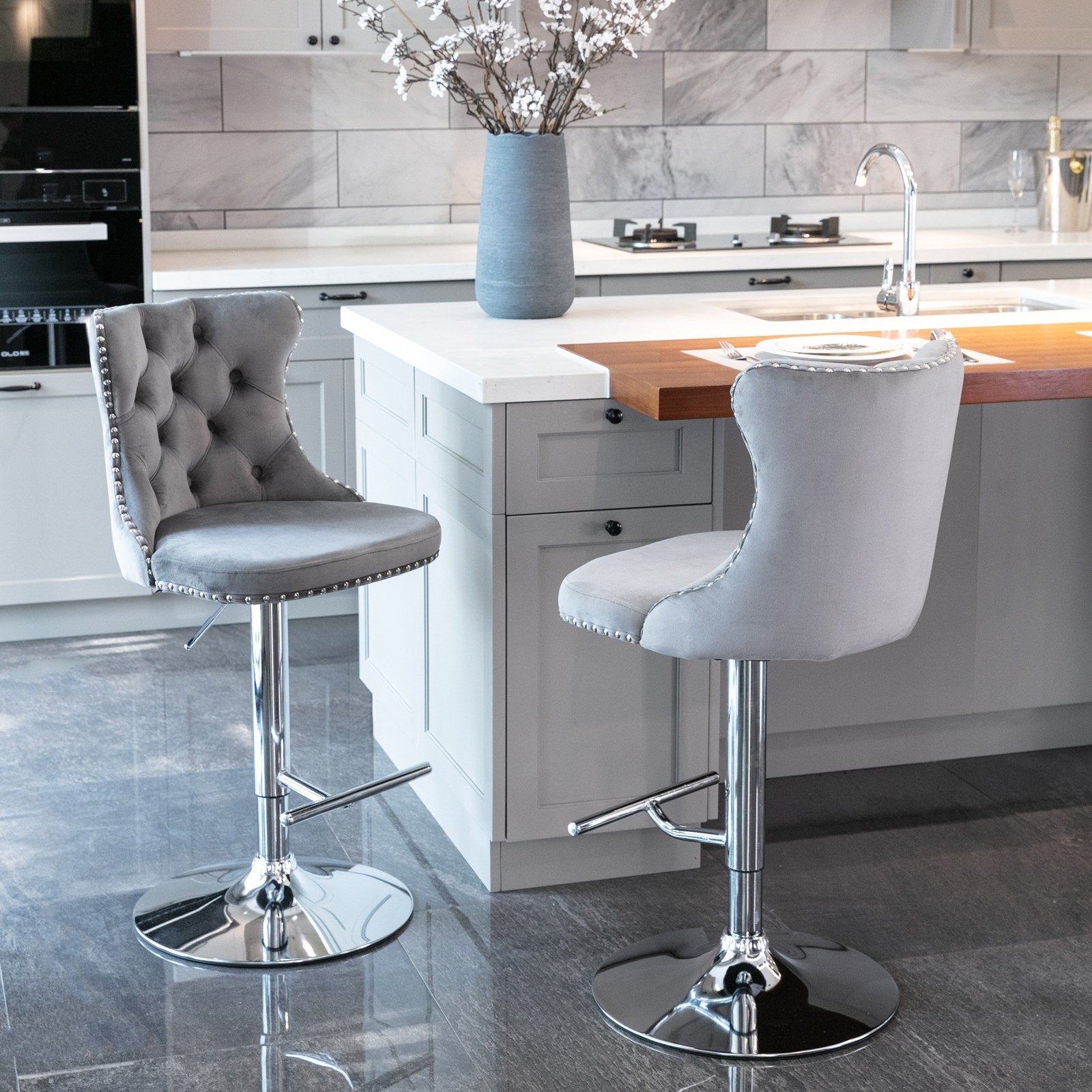 (Gray,Set of 2) 25-33 Inch, Modern Upholstered Chrome base Bar Stools with Backs Comfortable Tufted for Home Pub and Kitchen