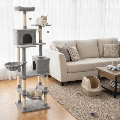 80 Inches Tall Cat Tree with 2 Large Condos and Dangling Toys-Light Gray