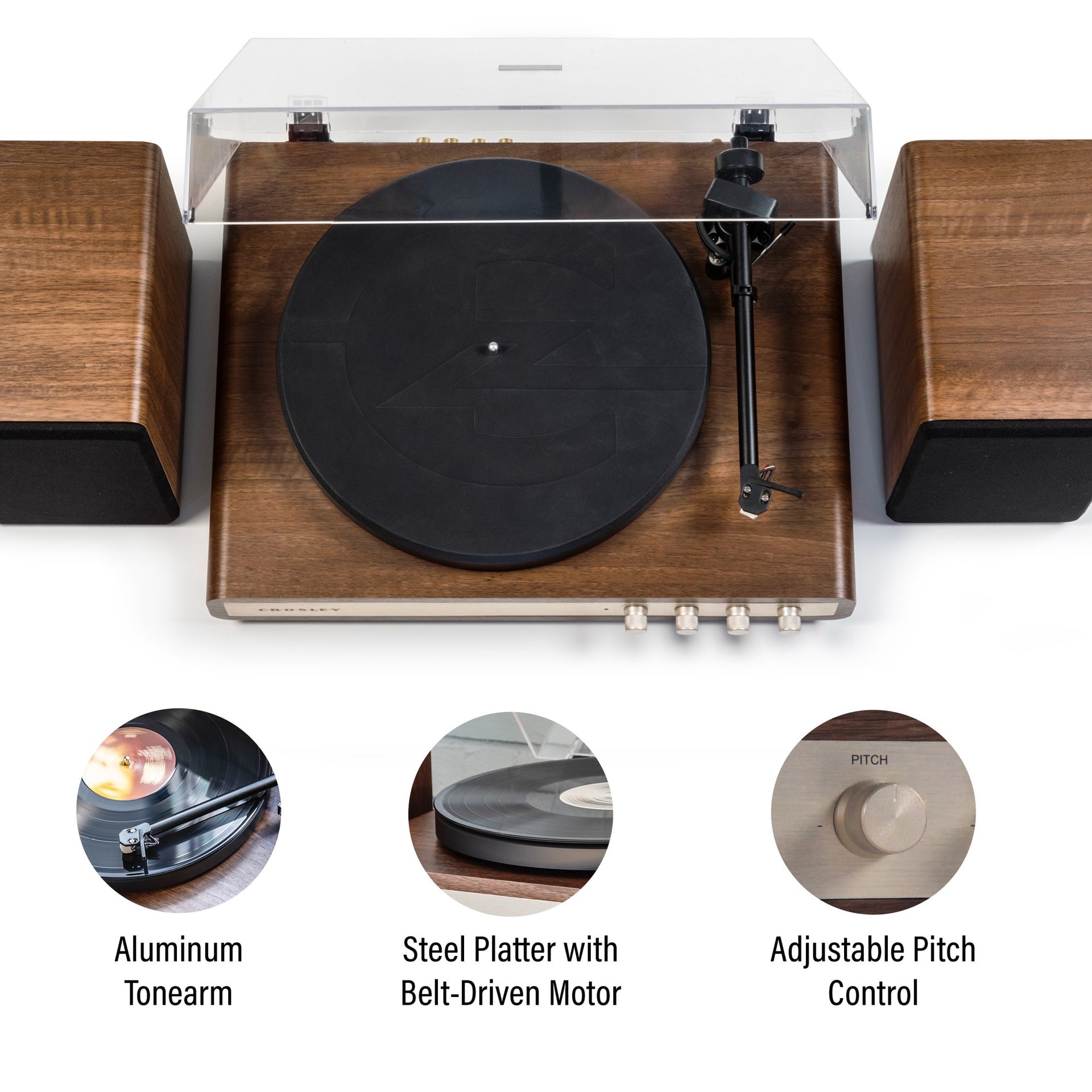 Crosley C65 Record Player with Speakers and Wireless Bluetooth - Audio Turntables (Walnut/Gold)