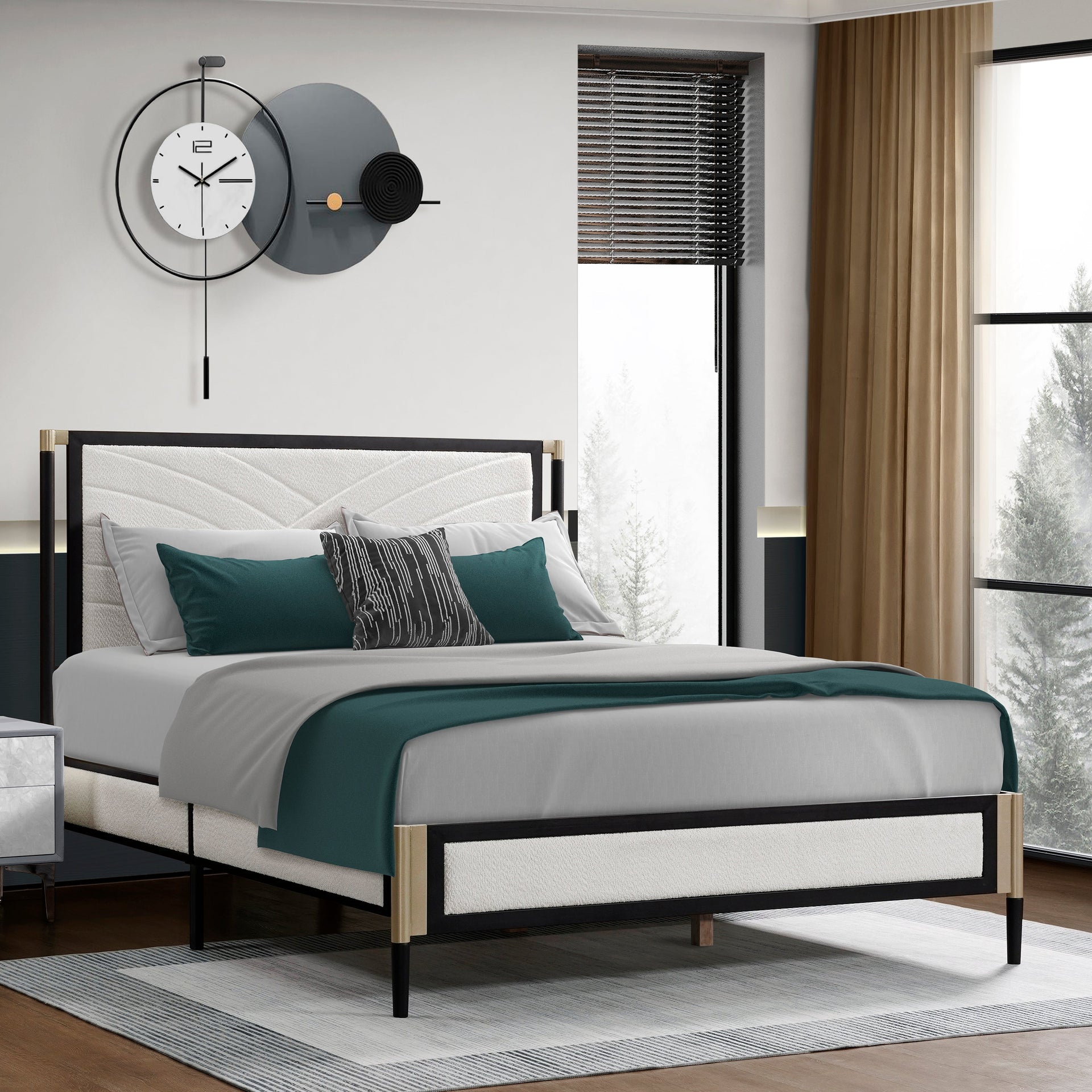 Full size Bed with White Boucle fabric Headboard,Champagne Silver+Black Frame