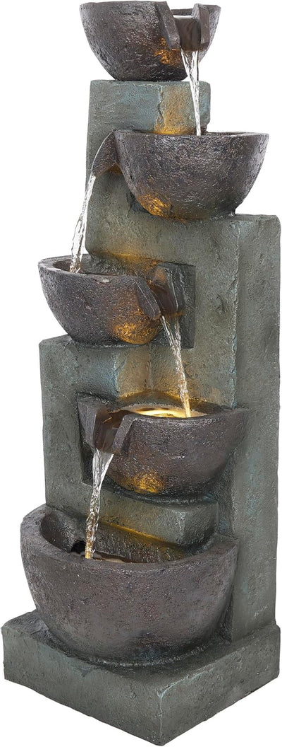 Alpine Corporation TZL390 Elegant Outdoor 5 Tier Bowls Waterfall Fountain with LED Lights for Garden, Patio, Yard, and Outdoor Spaces, Relaxing Cascading Fountain, 39