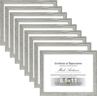 Vittanly 8.5x11 Picture Frames Set of 9, Shatter Resistant Plexiglass, Display 6x8 Pictures with Mat or 8.5x11 without Mat, Photo Frames for Wall or Tabletop, Engineered Wood, Grey