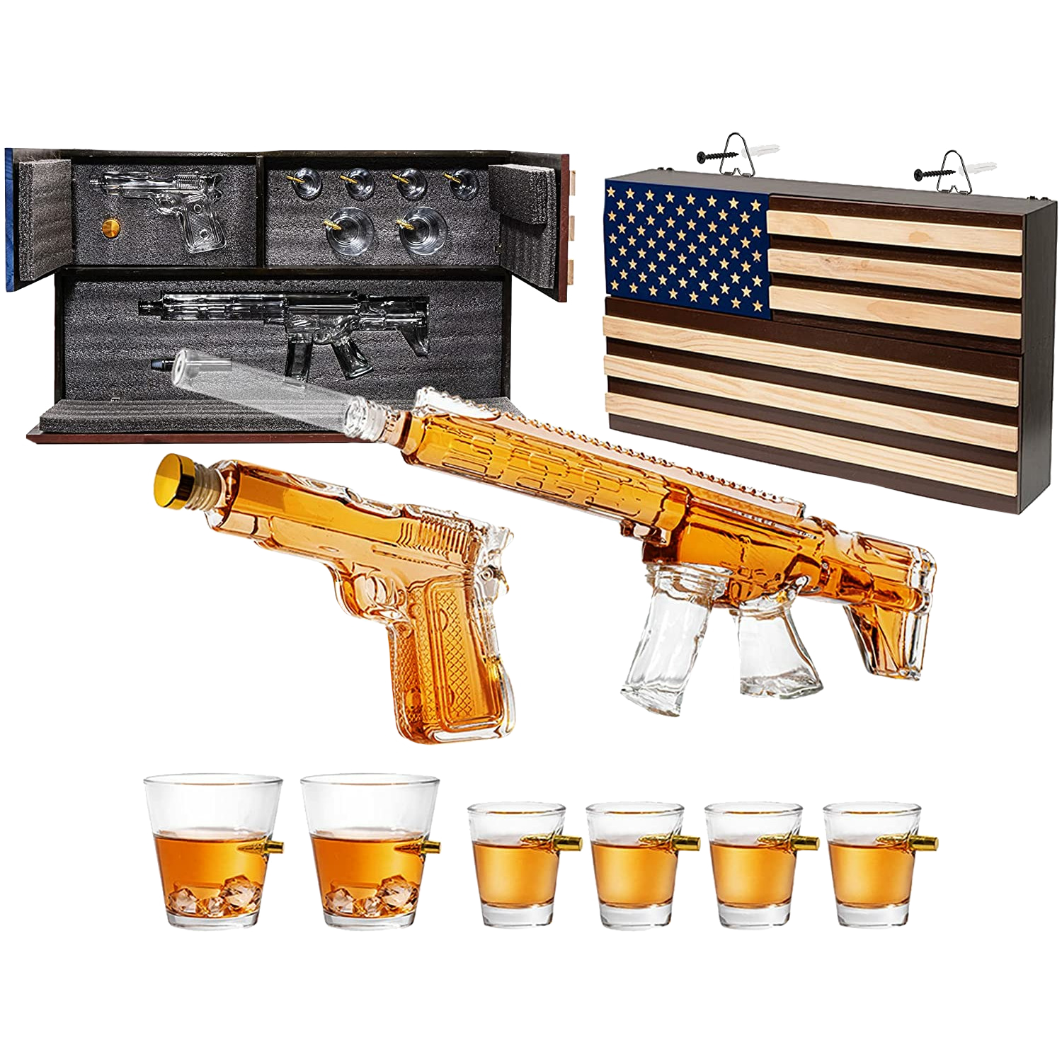 AR15 Whiskey Gun Decanter Flag Set - 1000ml Rifle & Pistol Set - Hanging Storage American Flag Gift Box & Bullet Glasses & Shot Glass, Great Gift for Army, Navy, Marines, Veterans & Gun Enthusiasts