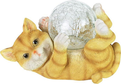 Exhart Garden Sculpture, Solar Cat Garden Statue with LED Light Crackle Ball, Outdoor Garden Decoration, 10.5 x 7.5 Inch, Multicolor, Resin