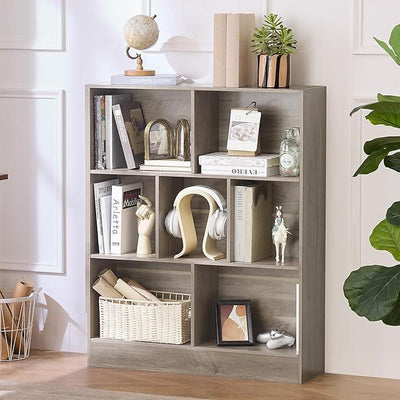 LEYAOYAO 7 Cube Bookshelf with Base,3 Tier Mid-Century Modern Grey Bookcase,Standing Wide Bookshelves Storage Organizer Shelf,Rustic Wood Display Cabinet Book Shelves for Bedroom,Living Room,Office