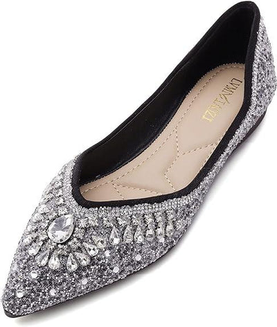 Women Rhinestone Sequin Wedding Pointed Toe Dress Flat Shoes