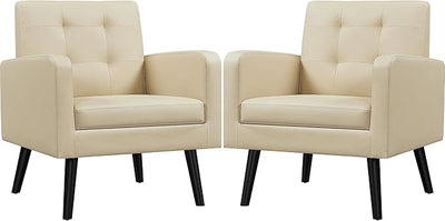 Yaheetech Mid-Century Accent Chairs, PU Leather Modern Upholstered Living Room Chair, Cozy Armchair Button Tufted Back and Wood Legs for Bedroom/Office/Cafe Beige 2PCS