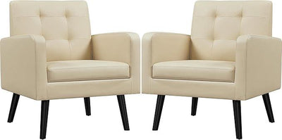 Yaheetech Mid-Century Accent Chairs, PU Leather Modern Upholstered Living Room Chair, Cozy Armchair Button Tufted Back and Wood Legs for Bedroom/Office/Cafe Beige 2PCS