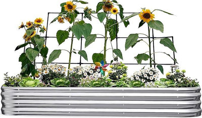 KING BIRD Raised Garden Bed with Wall Trellis Galvanized Planter Garden Box Outdoor for Gardening, Climbing Vegetables, Flowers 7.87x3.94x0.98 Ft, Silver