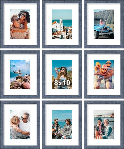 Vittanly 8x10 Picture Frames Set of 9, Shatter Resistant Plexiglass, Display 5x7 Pictures with Mat or 8x10 without Mat, Photo Frames for Wall or Tabletop, Engineered Wood, Navy