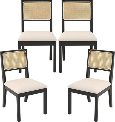 Westice Rattan Dining Chairs Set of 4, Farmhouse Natural Dining Room Chairs with Upholstered Cushion, Wood Armless Chairs for Kitchen/Restaurant, Black