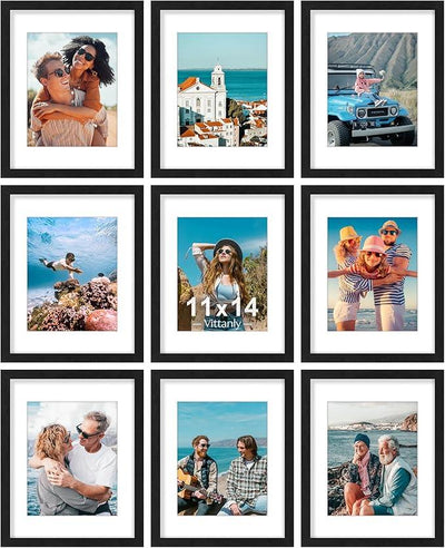 Vittanly 11x14 Picture Frames Set of 9, Shatter Resistant Plexiglass, Display 8x10 Pictures with Mat or 11x14 without Mat, Photo Frames for Wall or Tabletop, Engineered Wood, Black