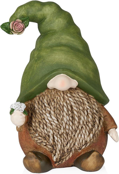 Alpine Corporation QWR1442 Gnome with Green Hat Holding a Flower, Playful Décor for Garden, Patio, & Lawn, 10