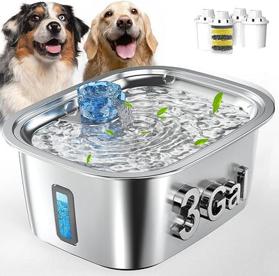 Dog Water Fountain for Large Dogs - 3 Gallon Stainless Steel Dog Water Bowl Dispenser with 4 Filters, Automatic Big Extra Large Capacity Pet Water Fountain, Easy Clean with Quiet Pump