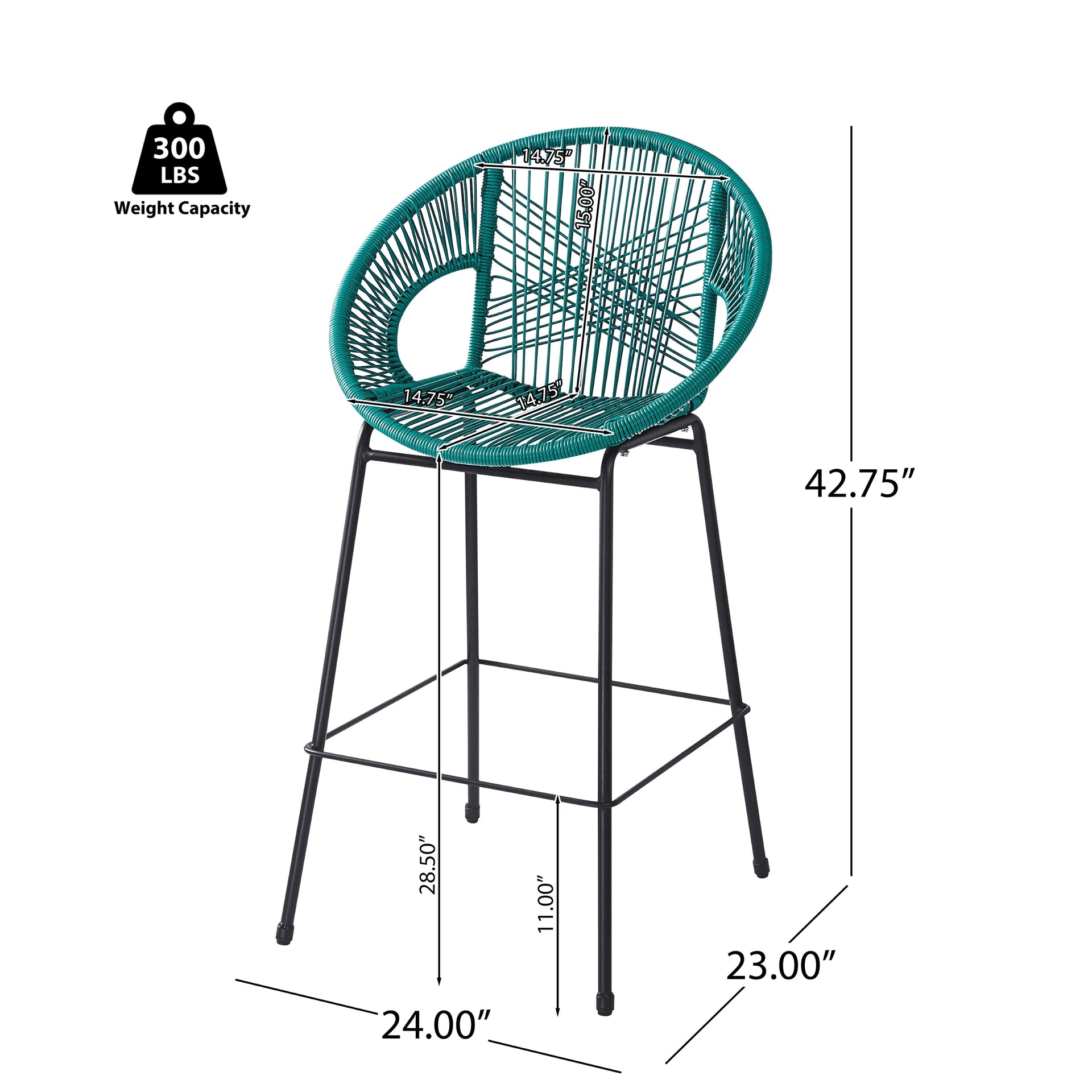 Ferrara Outdoor Patio Teal Faux Wicker Barstool Set, Durable PE Material, Ergonomic Design, Teal Wicker with Black Frame