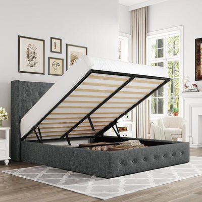 Allewie Queen Size Lift Up Storage Bed, Button Tufted Headboard with Wingback, Hydraulic Support, No Box Spring Needed, Dark Grey