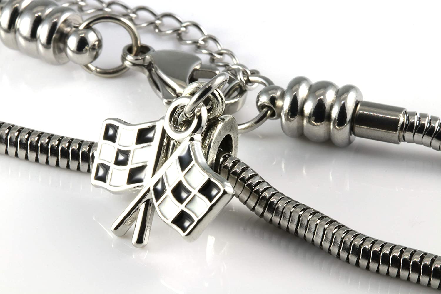 Racing Bracelet | Black and White Checkered Flag Stainless Steel Snake Chain Charm Bracelet Racing Party Favors Checker Flags for Women and Men Black and White Checkered Flags for Racing Fans