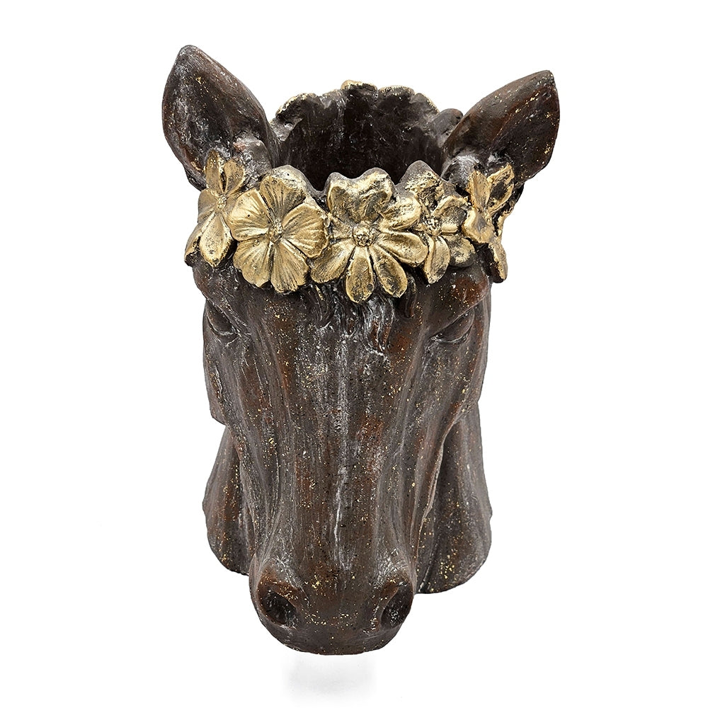 14.5x8.5x13.5' Magnesium Horse Statue Planter with Textured Brown Finish and Gold Leaf Crown