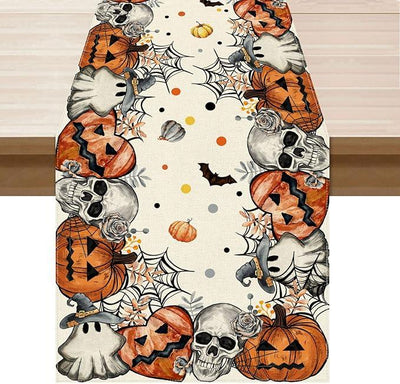 XCHI Spooky Skeleton Ghost Pumpkin Halloween Table Runner Party Table Decoration for Home Kitchen Dining Holiday Decor 13x36 Inch