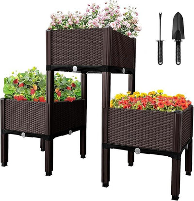 MAYOLIAH Raised Garden Bed with Drainage Elevated Planter Box Plastic Raised Beds for Gardening Vegetables Herb Flowers, Perfect for Indoor Outdoor Planting, 3 Boxes Brown