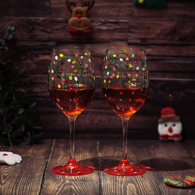 Stemmed Christmas Lights Wine Glasses Set of 2 - Hand Painted Wine Glass Ornament Light Bulbs Glasses, Perfect for Wine, Champagne, Holiday Parties and Festivities - 9.5