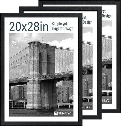20x28 Picture Frame Set of 3 - Black Woodgrain, Solid Wood Gallery Poster Frame - Wall Hanging