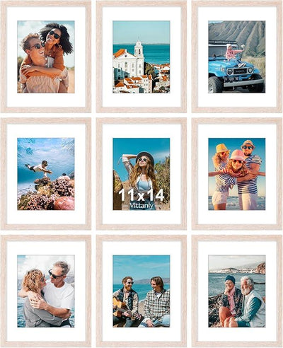 Vittanly 11x14 Picture Frames Set of 9, Shatter Resistant Plexiglass, Display 8x10 Pictures with Mat or 11x14 without Mat, Photo Frames for Wall or Tabletop, Engineered Wood, Rustic Pink