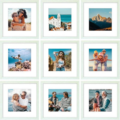 Vittanly 12x12 Picture Frames Set of 9, Shatter Resistant Plexiglass, Display 8x8 Pictures with Mat or 12x12 without Mat, Photo Frames for Wall Mount, Engineered Wood, Vintage Green
