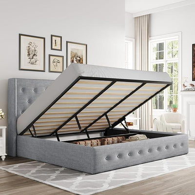 Allewie King Size Lift Up Storage Bed, Button Tufted Headboard with Wingback, Hydraulic Support, No Box Spring Needed, Light Grey