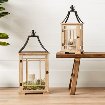 Set of 2 Natural Wood Lanterns with Open Metal Lid - Rustic Farmhouse Home Decor, Decorative Wood Lanterns