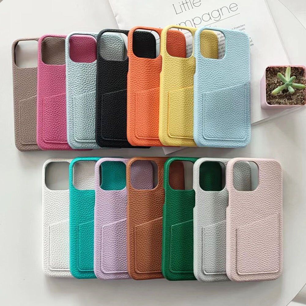 14Pro Plain Leather PU Card Slot Phone Case For iPhone13mini 11 12 Xsmax XR 78plus 6s Half Cover Hard Body Protection