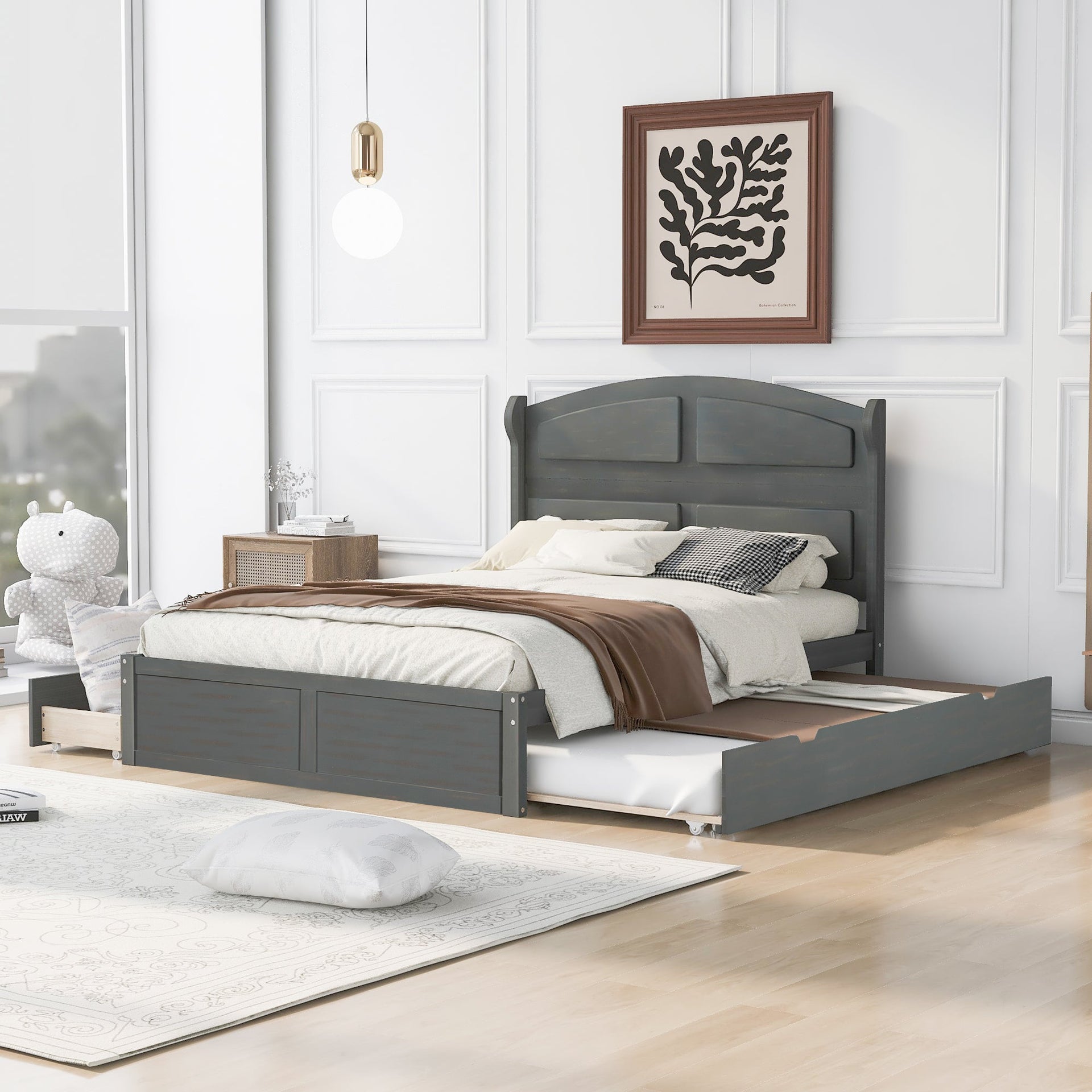 Wood Queen Size Platform Bed with Twin Size Trundle and 2 Drawers Antique Gray