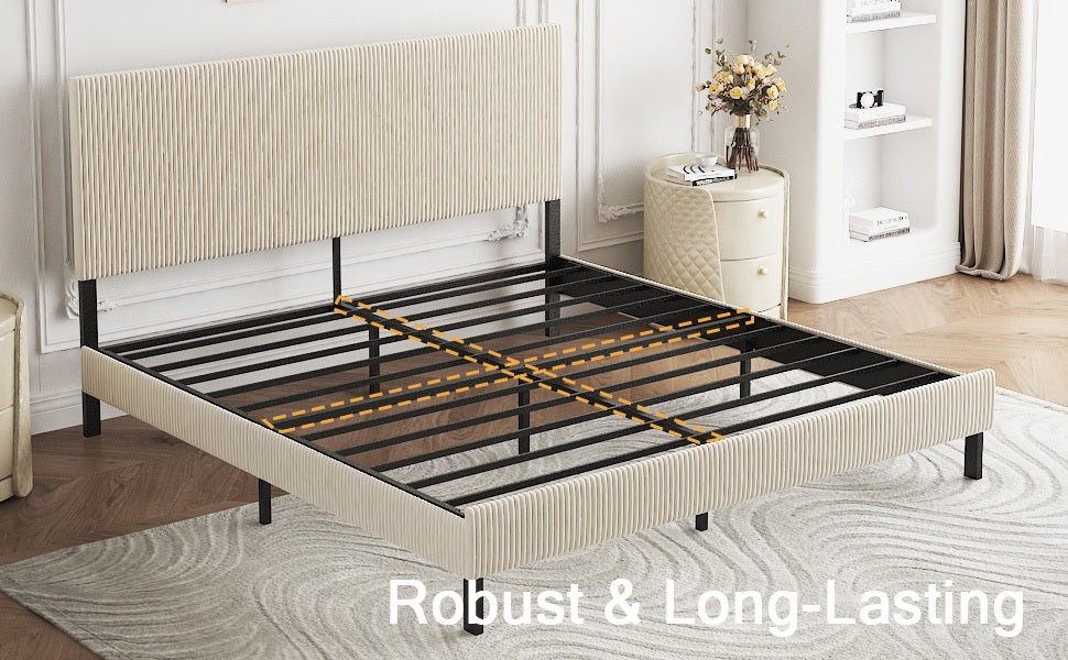 King bed frame with a bandaged headboard is stable and easy to assemble, and the style is simple and elegant,beige
